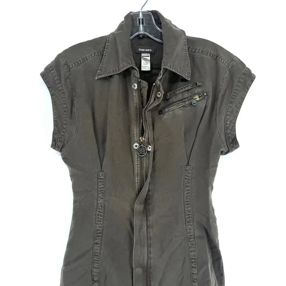 Diesel Green Woven Collared Short Sleeve Utility Cargo Dress Sz XS - Picture 2 of 6